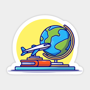 Miniature Plane with Book And Globe Cartoon Vector Icon Illustration Sticker